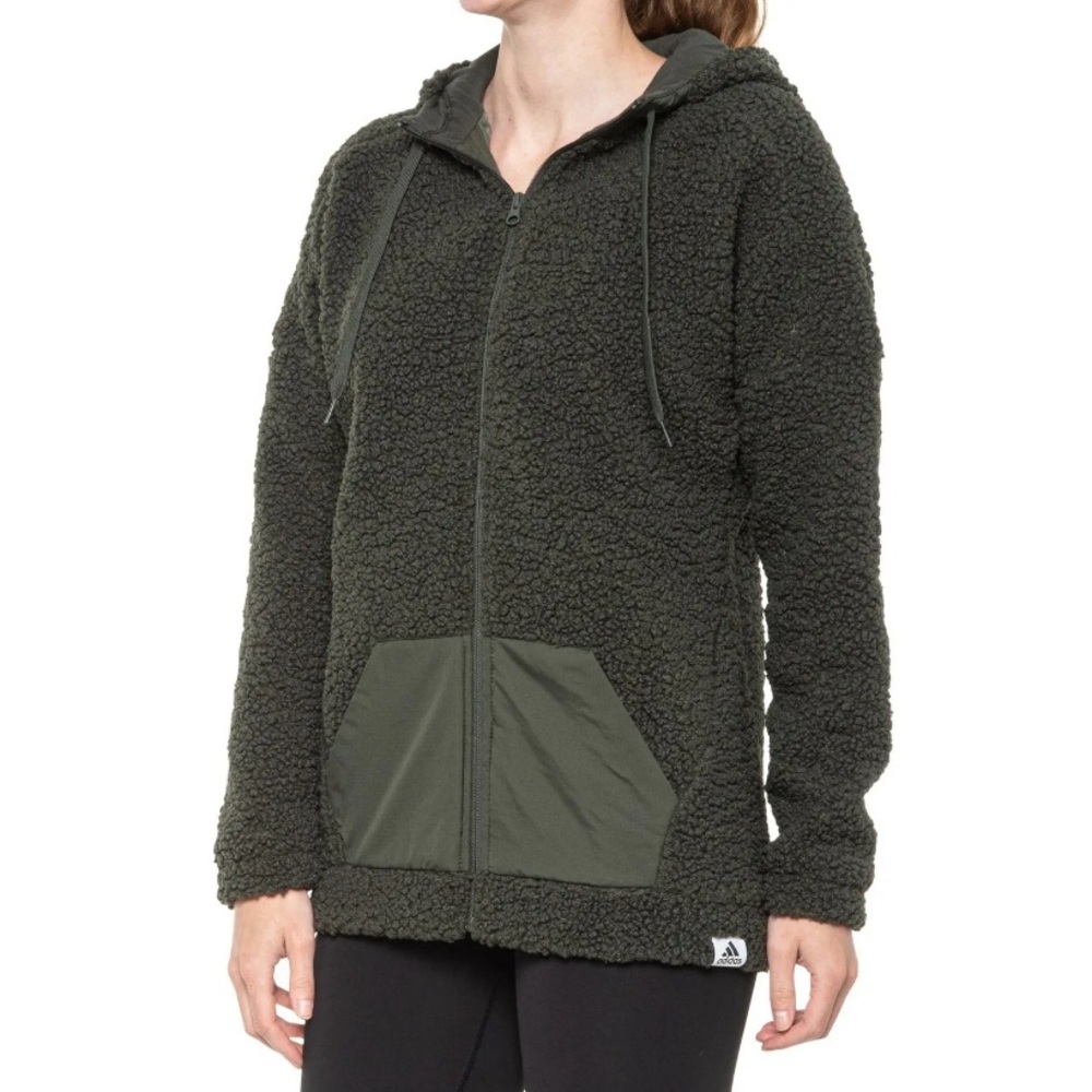 ADIDAS Olive Green Fleece Sherpa Full-Zip Hoodie Lined Jacket Womens size XS